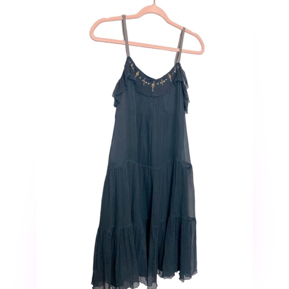 Rebecca Taylor 100% Silk Bead Rhinestone Trim Georgette Slip Tiered Dress Size 4